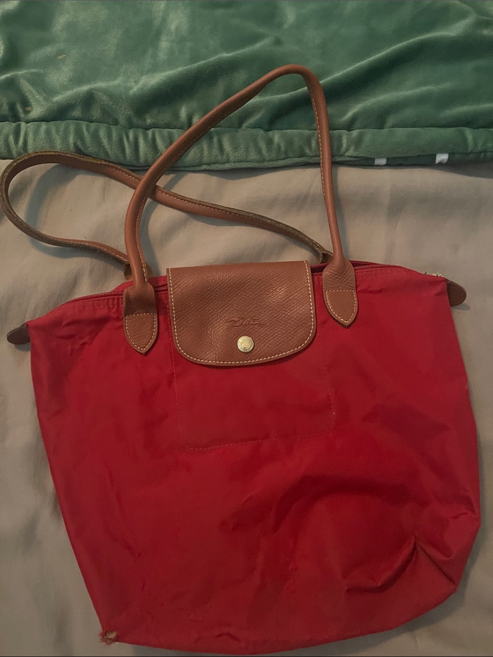 Red Nylon Tote with Tan Leather Trim - Classic Foldable Shoulder Bag